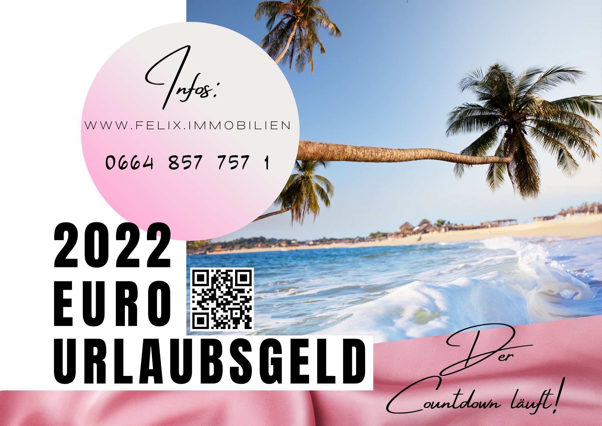 Grafik: Palme am Strand mit Werbung für Verlosung des Urlaubsgeldes